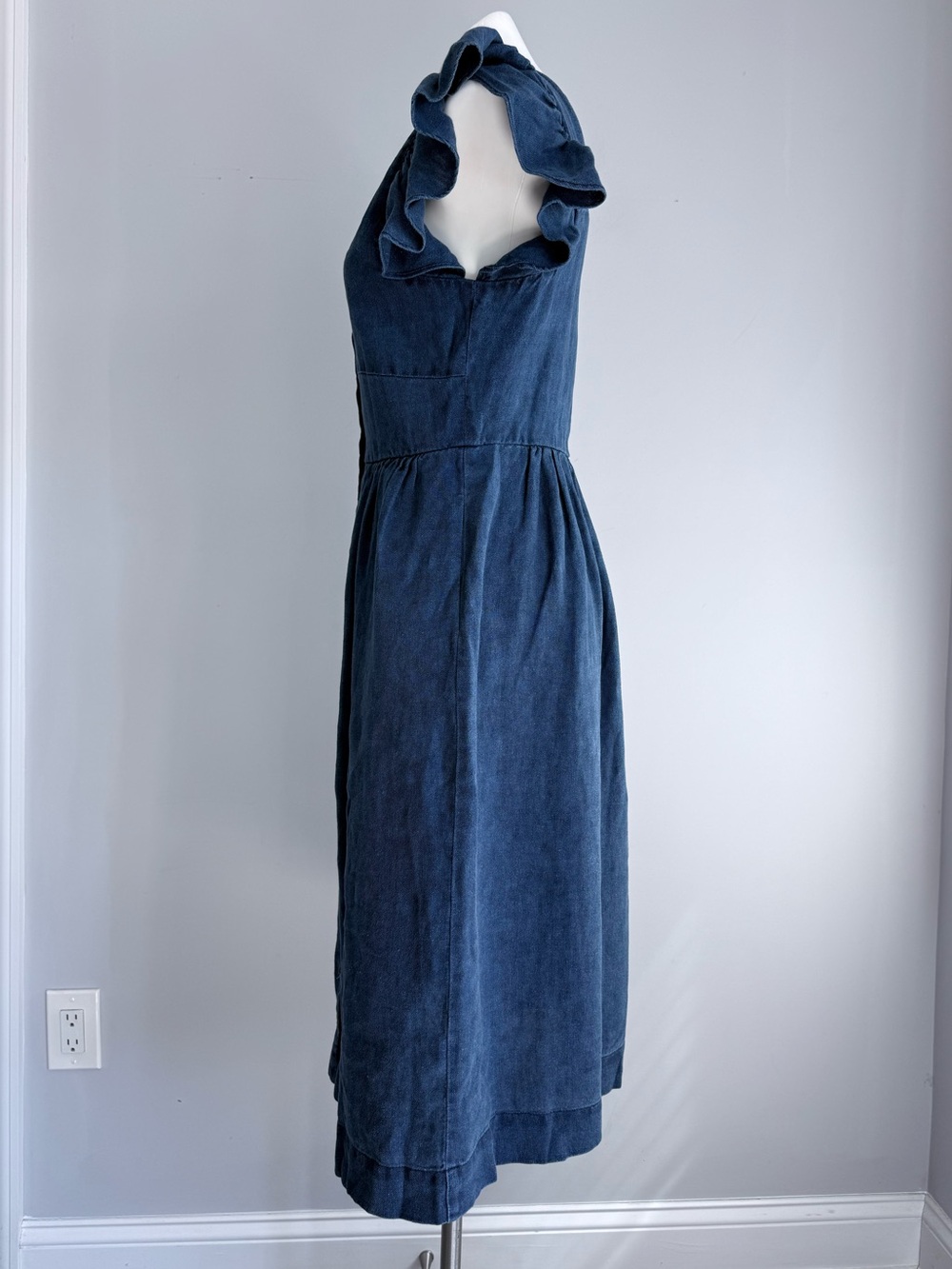SEA New York Linen Midi Dress Blue Chambray Ruffle Button Front Cottagecore Boho - Picture 7 of 15